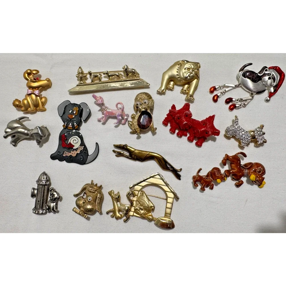 16 Vintage All DOG Brooch Pin Lot Some Signed Celluloid Moveable Enamel AJC ++